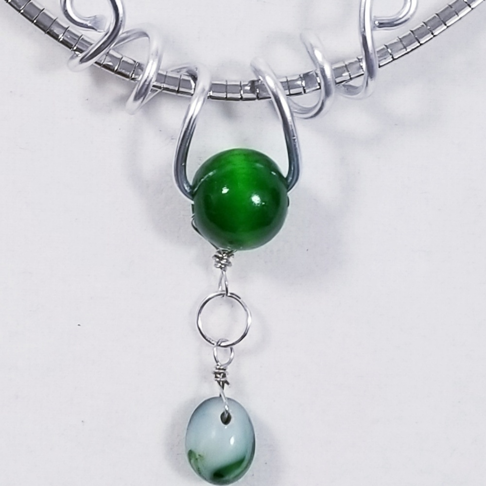 Aluminum Silver Spiral Pendant Green Wooden Bead